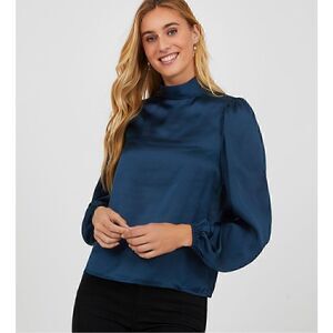 Suzy Shier Satin Top Blouse Long Balloon Sleeve Blue Womens Size Large NEW w Tag